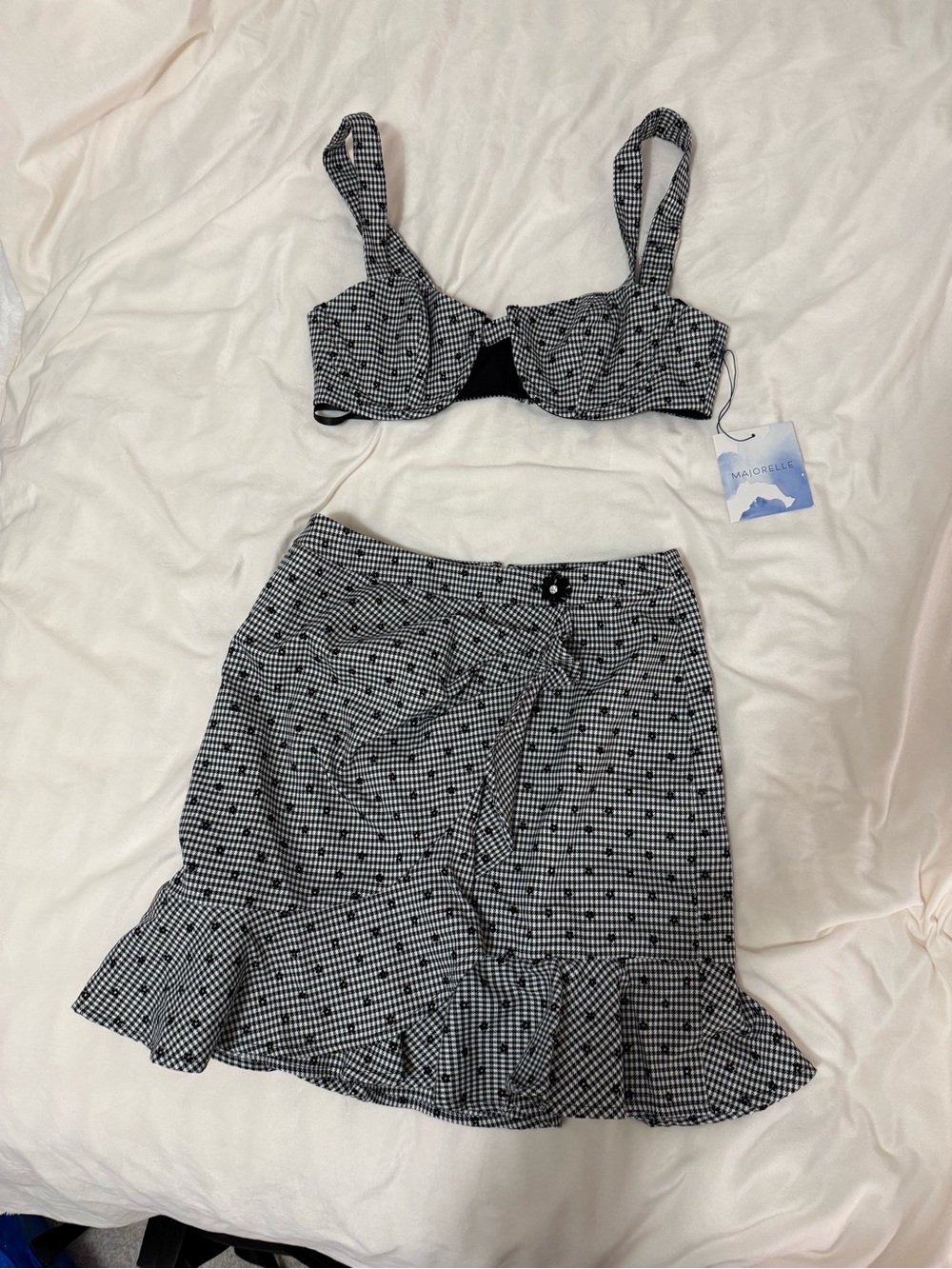MAJORELLE Black and White Gingham Crop Top & Ruffle Mini Skirt Set